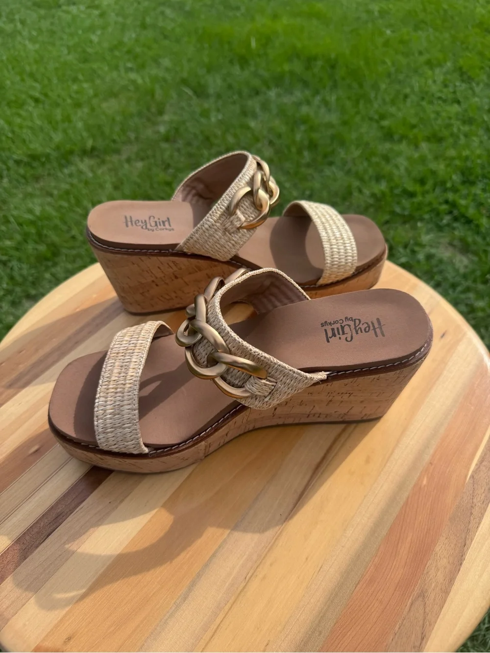 Ladies Corkys Hey Girl Woven Cork Wedge Sandals in Natural